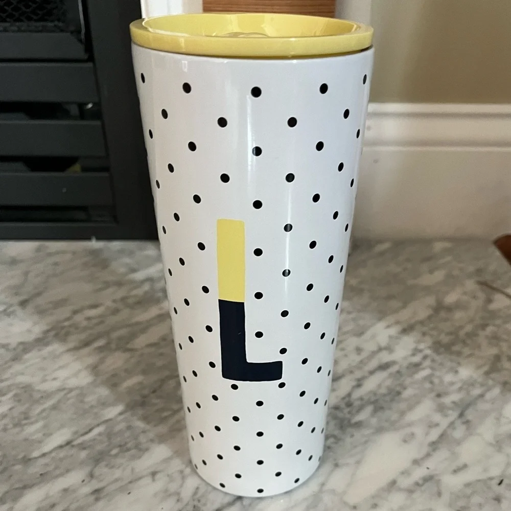 KATE SPADE - 24oz Sparks of Joy Letter L Tumbler, Yellow and Navy, NWOT